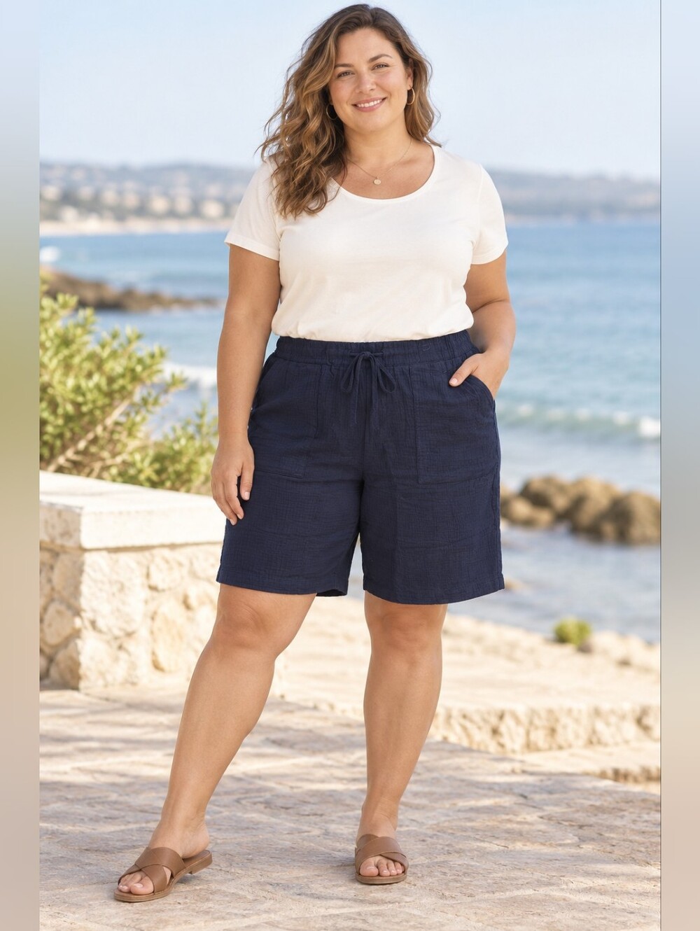 Women’s Navy Blue Cotton Gauze Drawstring Pocket Shorts Size XL